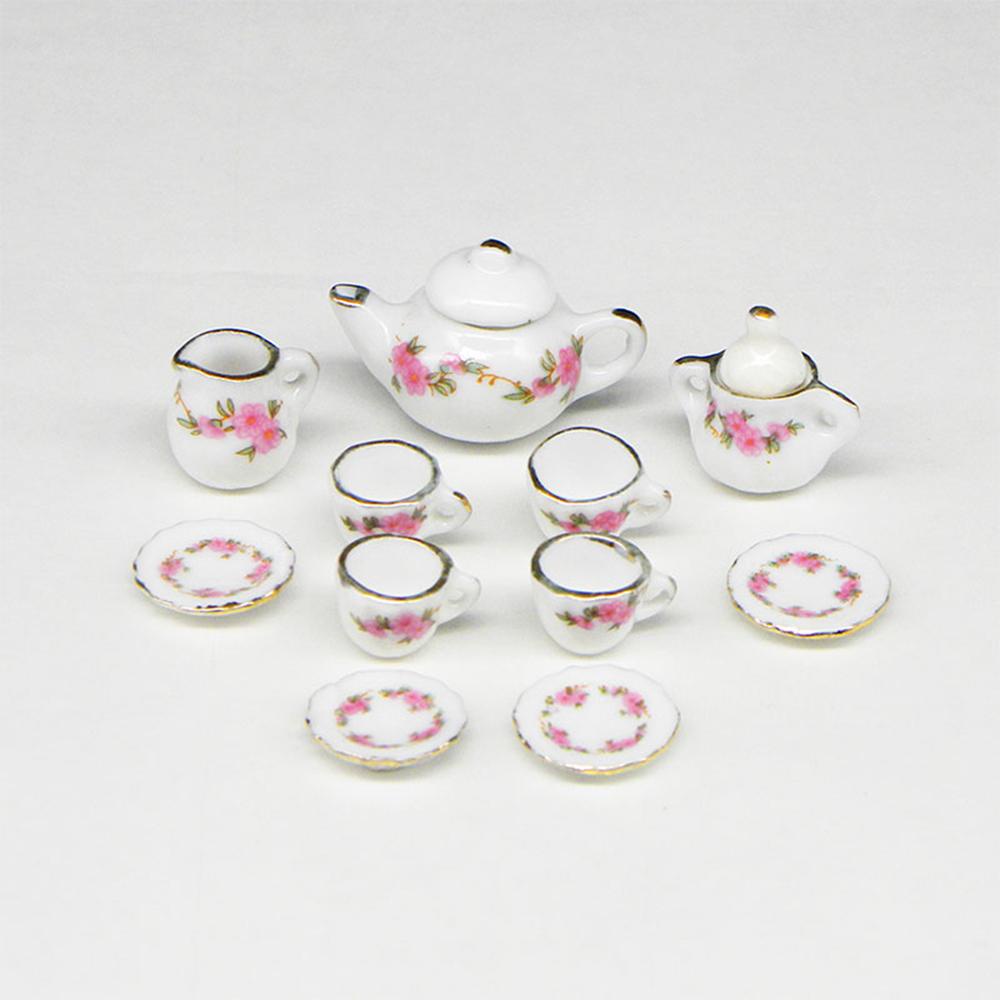 Populer 11pcs Cangkir Teh Porselen Set Mainan Dapur Dengan Lis Emas Motif Bunga1 /6 1/12 Miniatur