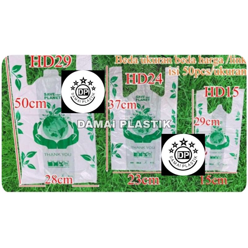 50pcs HD Delman 29 RAMAH LINGKUNGAN Kantong Kresek Plastik Go Green Save Planet Ukuran