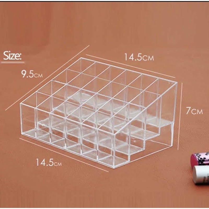 ELDE 1 - KOTAK TEMPAT LIPSTIK ORGANIZER ACRYLIC RAK LIPSTIK 24 SEKAT / MAKE UP ORGANIZER YANG TERBUAT DARI BAHAN ACRYLIC BERKUALITAS TINGGI. TERDIRI DARI 24 SEKAT YANG AMAN UNTUK MENYIMPAN LIPSTICK/BARANG LAIN DENGAN UKURAN SESUAI SEKAT YG TERSEDIA