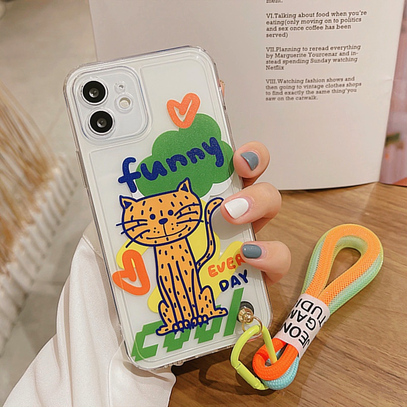 Soft Case Motif Kartun Kucing Dengan Lanyard Untuk Iphone 6 7 8 PLUS X XR XS 11 12 13 MINI PRO MAX SE 2020