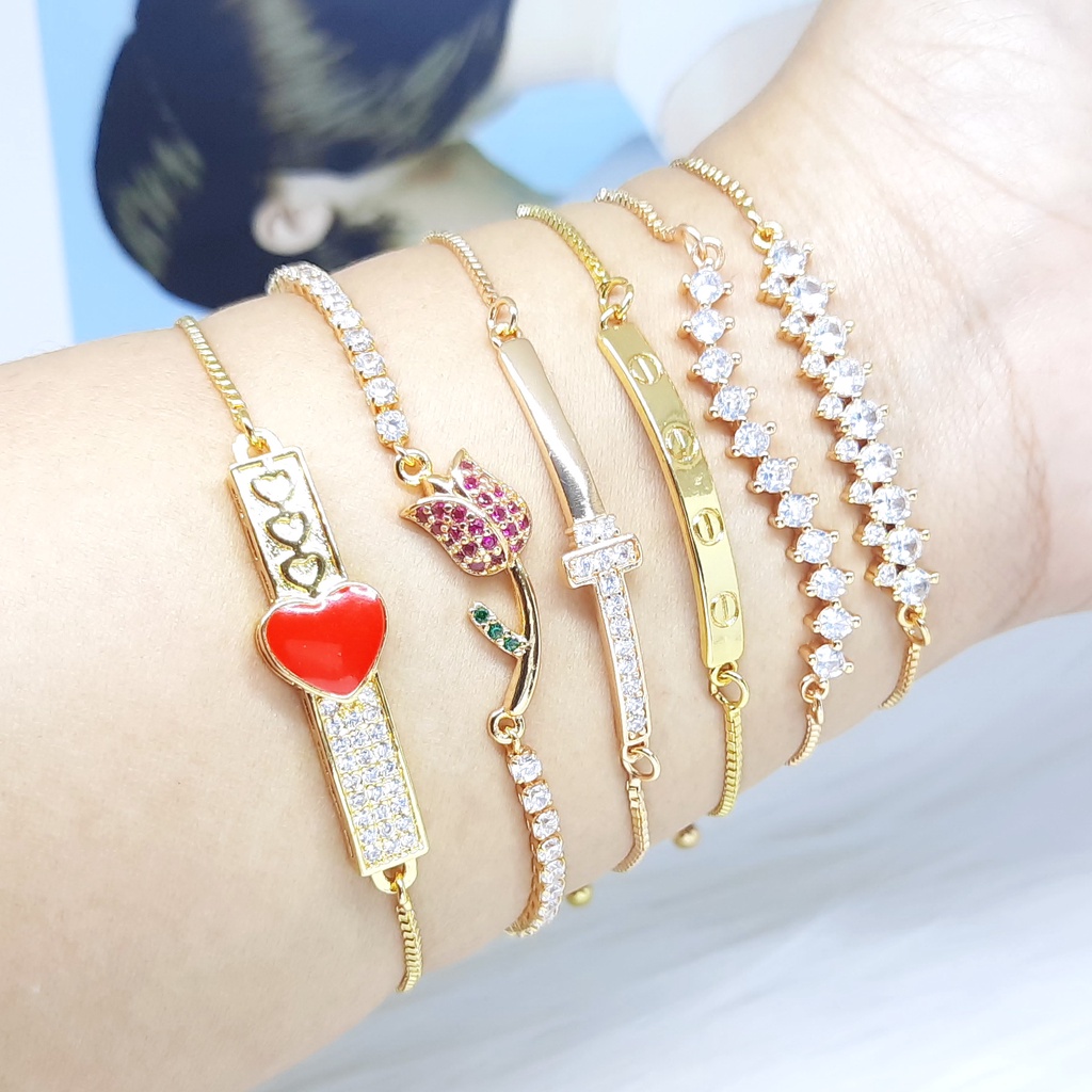 Xuping Gelang Serut Wanita Lapis Emas Batu Putih Bola Ukir - BB501