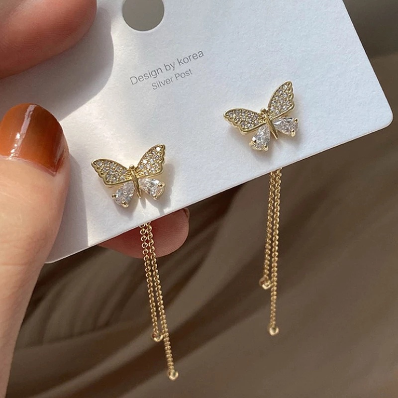 [Women Korean Long Tassel Butterfly Rhinestone Sweet Stud Earrings] [Girls Elegant Temperament Butterfly Hanging Earrings] [INS Simple Style Bridal Wedding Party Ear Jewelry Gifts]