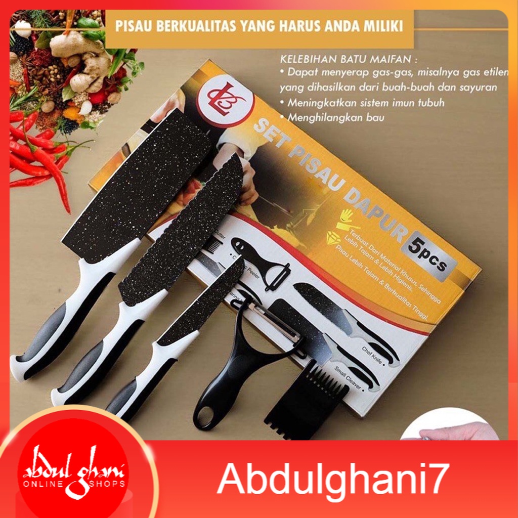 Pisau Set 5 in 1 Premium Warna Hitam Dengan Lapisan Batu Maifan ( 3 Pisau + Peeler + Serrated Cutter) Murah Professional Chef Cooking