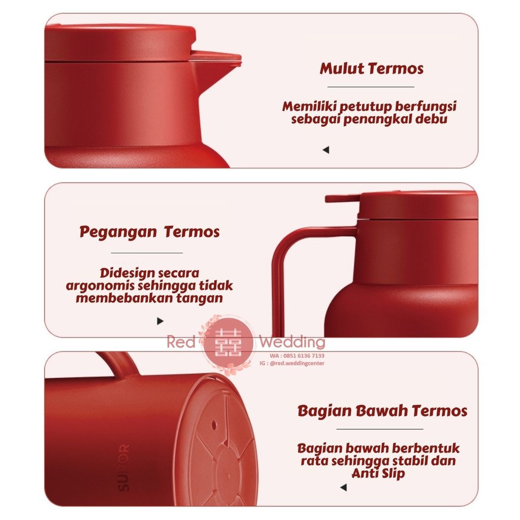 SUPOR Termos Teko Air Panas / Dingin Warna Merah Wedding Kapasitas Besar 1.5 Liter