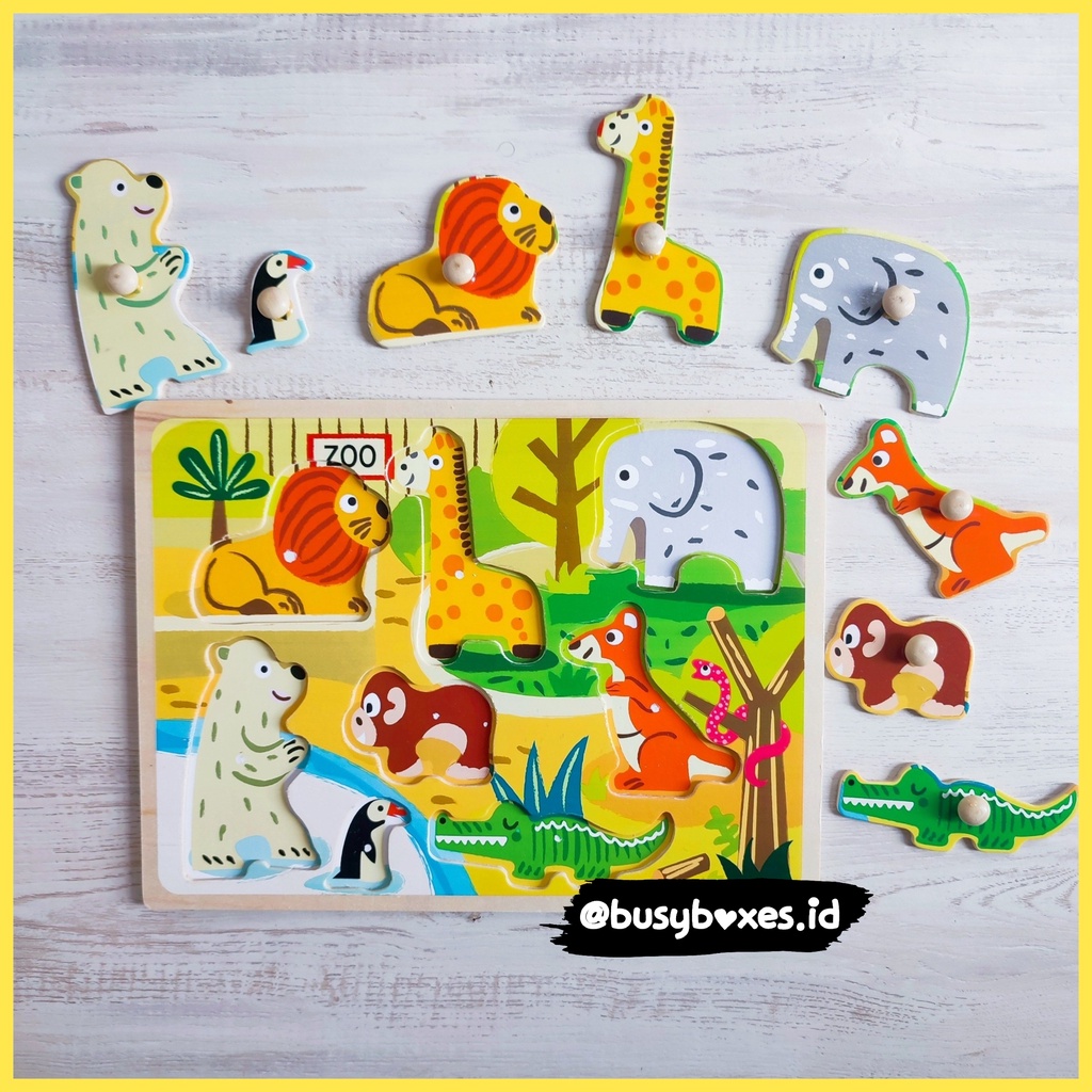 [busyboxes.id] Mainan Edukasi Mencocokan hewan liar zoo animals  Puzzle Kayu Puzzle Knob Wooden Toys Mainan Kayu