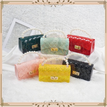Tas Jelly Glossy Mutiara Anyam Tiker Size 17 Cm | Tas Jelly Mini Rubber Mutiara