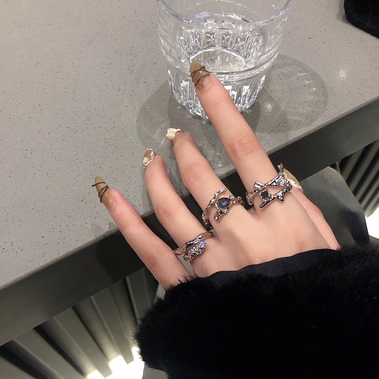 3pcs / Set Cincin Silver Model Terbuka Desain Ranting Hias Kristal Untuk Wanita