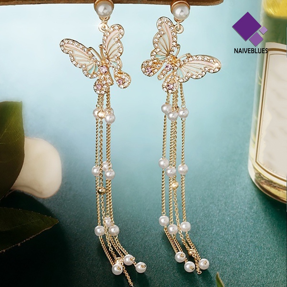 Anting Stud Desain Kupu-Kupu Rumbai Aksen Mutiara Berlian Imitasi Bling Untuk Wanita