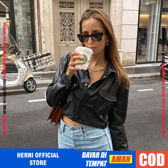 Jaket Wanita Crop Top Pendek Kulit Sintetis Viena Faux Synthetic Leather Shirt Premium Original Casu