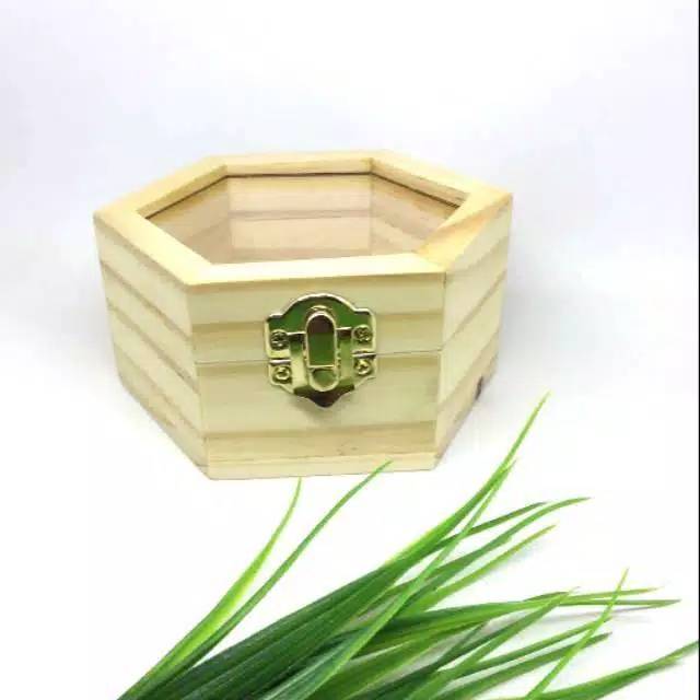 KOTAK CINCIN KAYU RUSTIC BOX KAYU HEXAGONAL BELUM HIAS BAHAN MAHAR KOTAK HANTARAN SESERAHAN RUSTIC