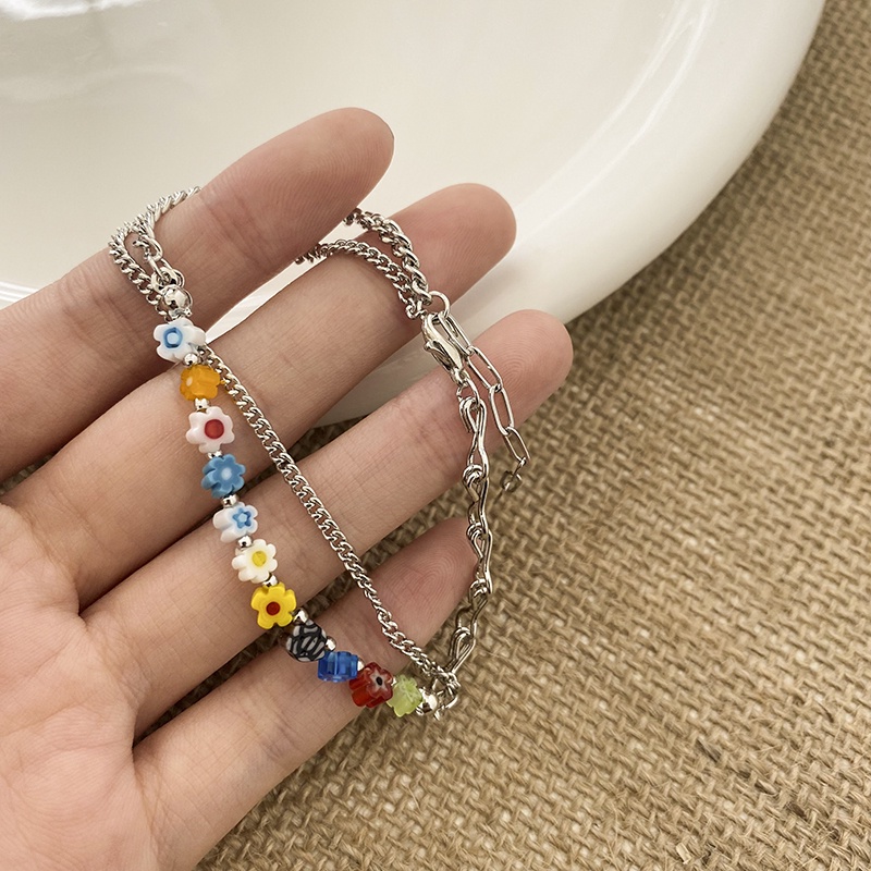 Gelang Kaca Dua Lapis Aksen Bunga Kecil Warna-Warni