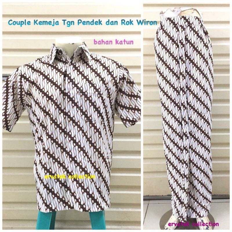 Couple Batik CBPDW50 Kemeja Pria Tangan Pendek dan Rok Wiron Wanita Putih Pasangan Akad / Lamaran
