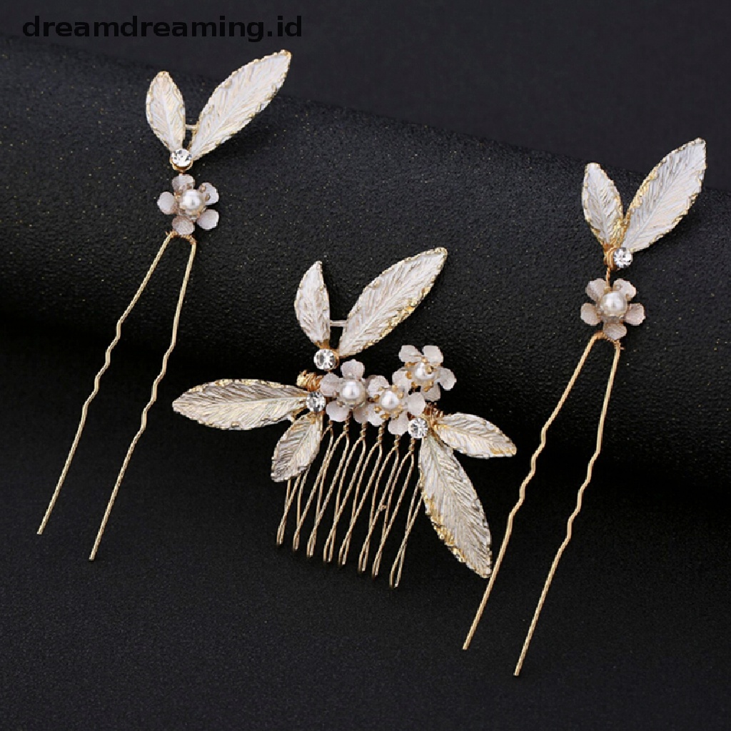 (dreamdreaming.id) 3pcs / Set Sirkam Motif Daun Aksen Mutiara Imitasi Untuk Aksesoris Pengantin Wanita