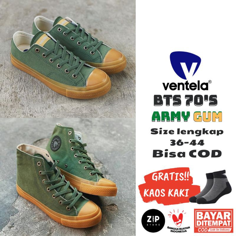 SEPATU VENTELA BTS 70'S ARMY GREEN GUM LOW HIGH ORIGINAL SNEAKER VENTELA BTS HIJAU ARMY GUM