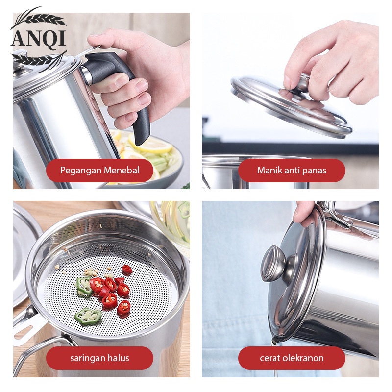 ANQI 1888 Oil Pot Wadah Saringan Minyak Stainless Steel 1.2L / Gelas Saringan Minyak / Tempat Saringan Minyak