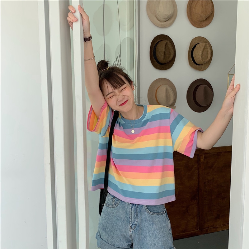 sweet rainbow  stripe kaos  lengan pendek kasual Shopee 