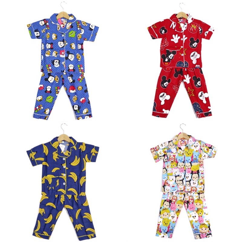 SETELAN BAJU TIDUR PIYAMA KATUN ANAK 2-6TAHUN MOTIF RANDOM CELANA PANJANG LENGAN PENDEK