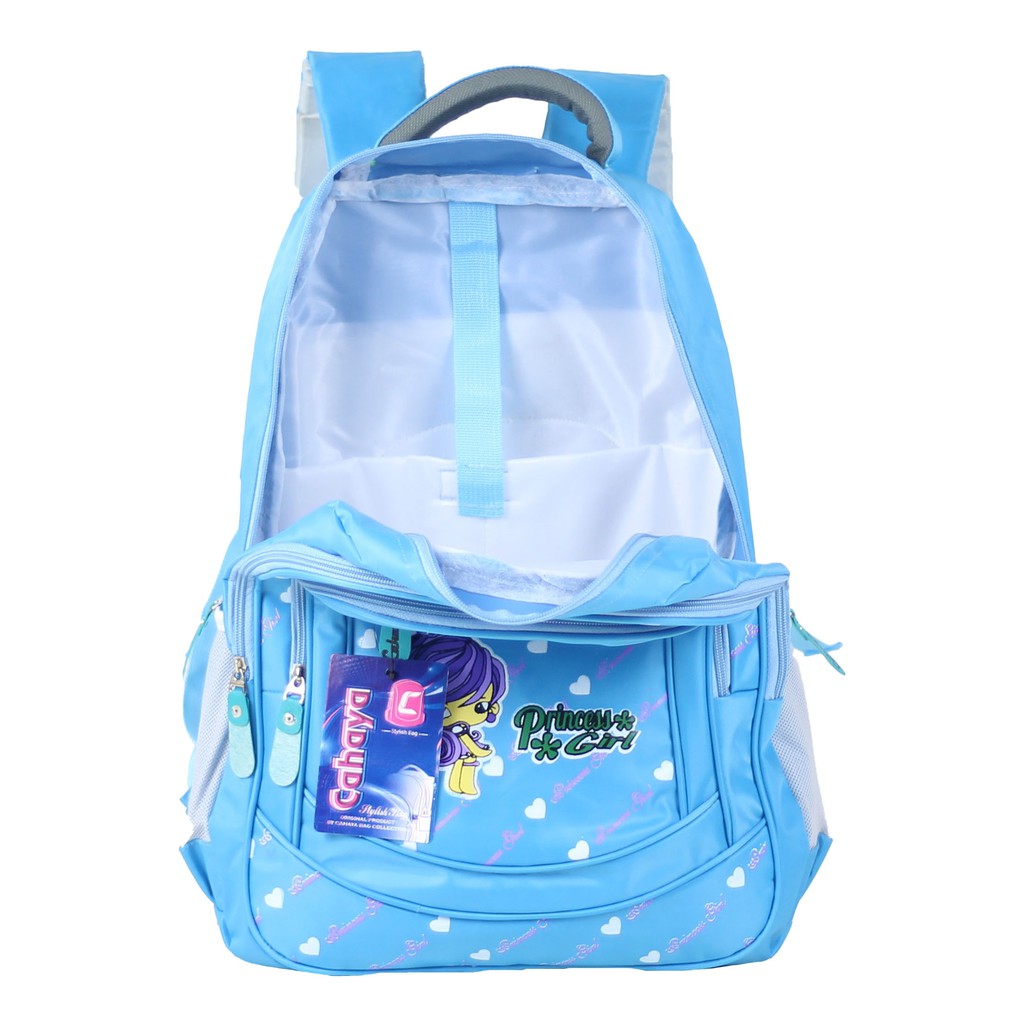 Tas Gendong Cahaya Princess Biru Ransel Sekolah SD SMP Free Raincover Tas Sekolah Cewek Berkualitas