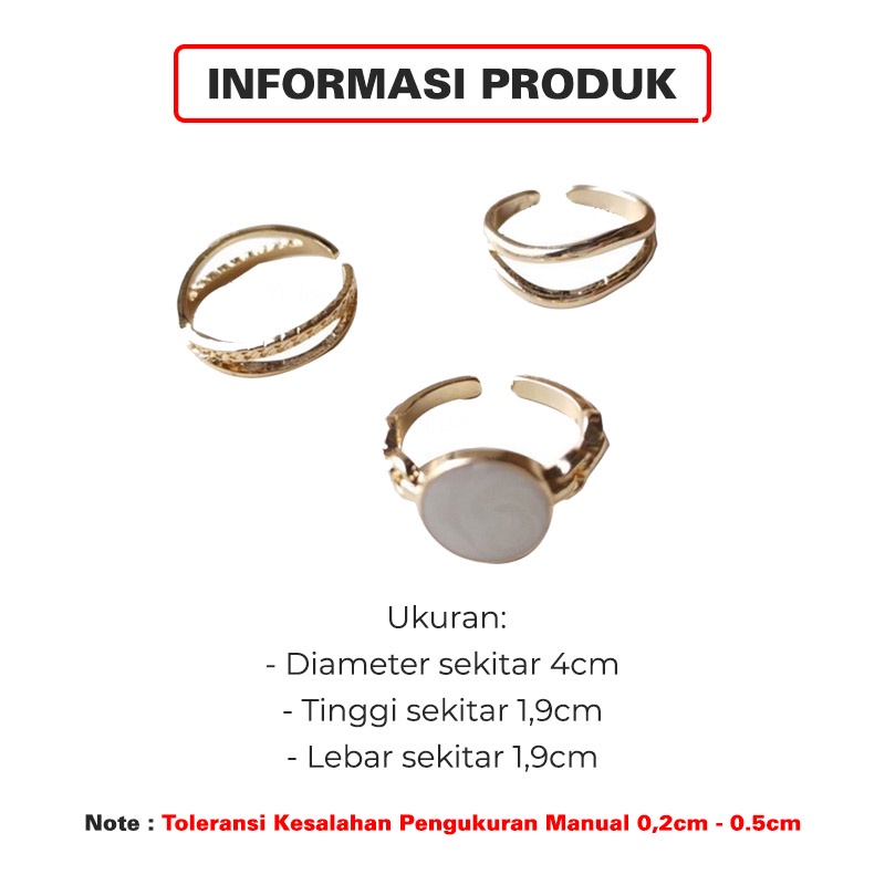 Cincin Titanium Wanita 1 Set 3 Pcs Lapis Emas Bentuk Bulat Putih Fashion Korea Aksesoris cincin import CNC12