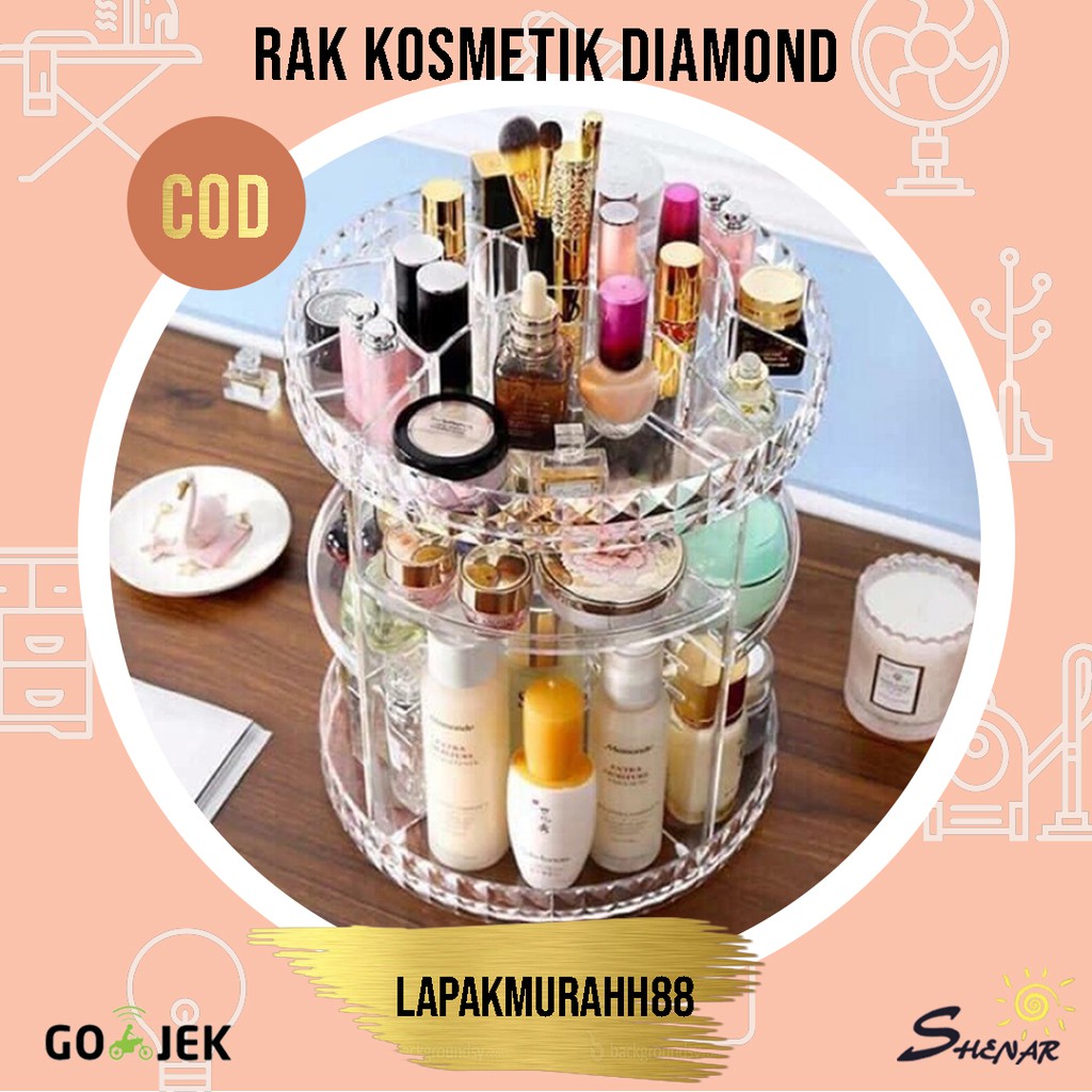 Rak Kosmetik Putar 360 Derajat / Rak Organizer Acrylic Diamond Dengan 4 Sekat / Tempat Make Up &amp; Skincare