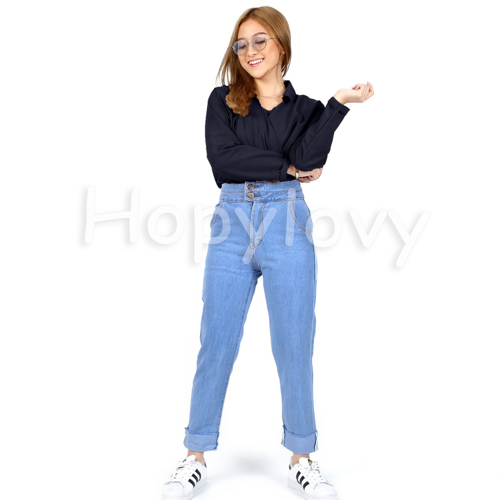 HOPYLOVY Celana  Boyfriend  Jeans Pinggang High  Waist  Two 