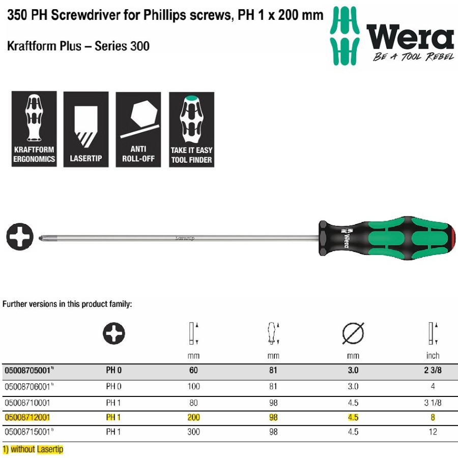 WERA 05008712001 Obeng Plus PH 1 x 200 mm Screwdriver for Phillips Screws PH1