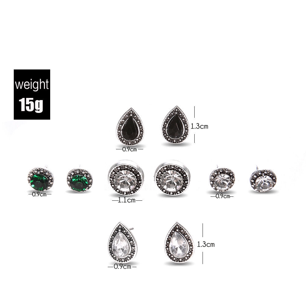 5 Pasang / Set Anting Tusuk Batu Permata Cubic Zirconia Bentuk Tetesan Air Warna Hijau / Hitam