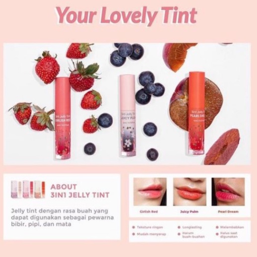 Noera Jelly Tint 3 in 1 - (Juicy Pulm / Girlish Red / Pearl Dream) - Lip care Lip tin Official Asli Grosir Murah 100%