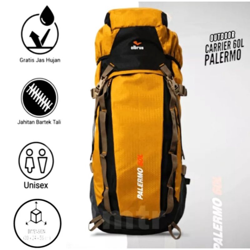 TAS CARRIER//GUNUNG ELBRUS PALERMO 60 LTR BONUS RAINCOVER MURAH MERIAH BERKUALITAS