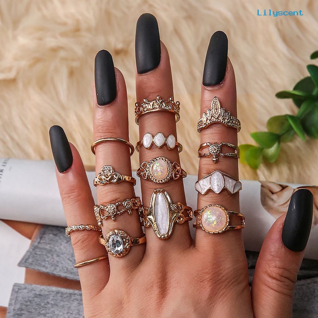 14pcs Cincin Knuckle Model Hollow Stackable Bahan Alloy Aksen Permata Imitasi Gaya Etnik