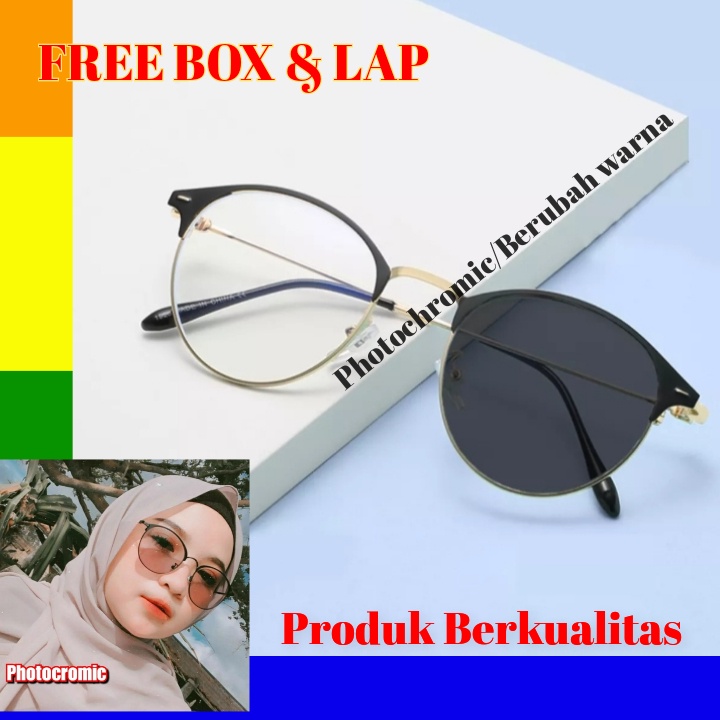 KACAMATA FREE BOX DAN LAP FHOTOCROMIC OVAL TITANIUM KOREAN NEW WANITA PRIA FREE