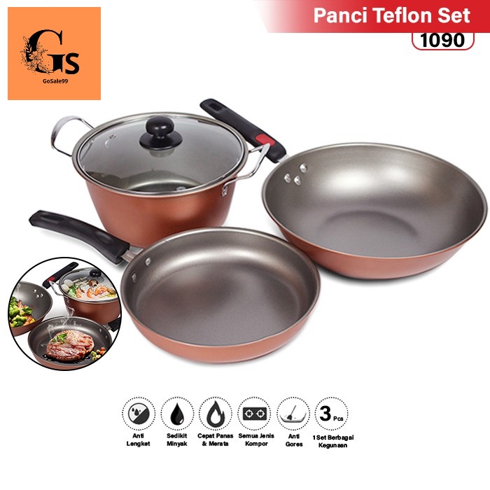 PROMO Panci Set Wajan Penggorengan Teflon Set isi 3 Pcs 1090-Arria Set Panci Teflon - TERMURAH