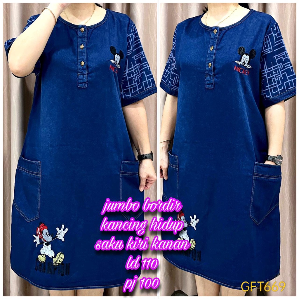 GFT669 Dress Wanita Jeans Denim Jumbo Bordir Mickey Mouse Saku LD110 PJ100