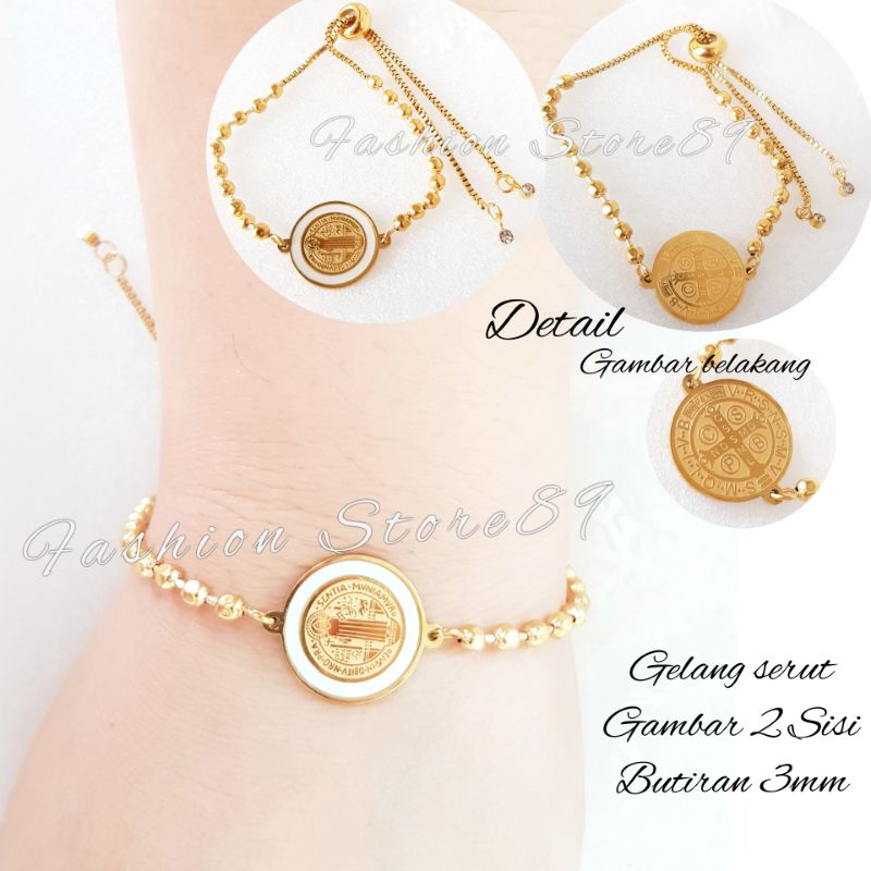 Gelang Serut Rosario Bahan Titanium Antikarat gold fashion rohani motif Bunda Maria Benediktus Salib