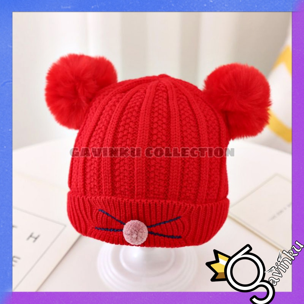 Topi Anak Laki Laki Perempuan Kupluk Bayi Model Pompom Cat Usia 0 3 6 bulan umur 1 2 3 Tahun thn Motif Kucing Kelinci Karakter Lucu Rajut Musim Dingin