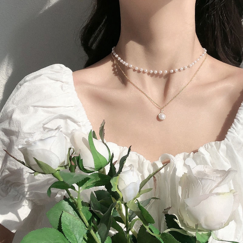 Kalung Elvina Pearl 2 Layer Neclace Kalung  Mutiara Rumbai Senior Tanpa Kalung Wanita Kalung Elvina Pearl 2 Layer Neclace