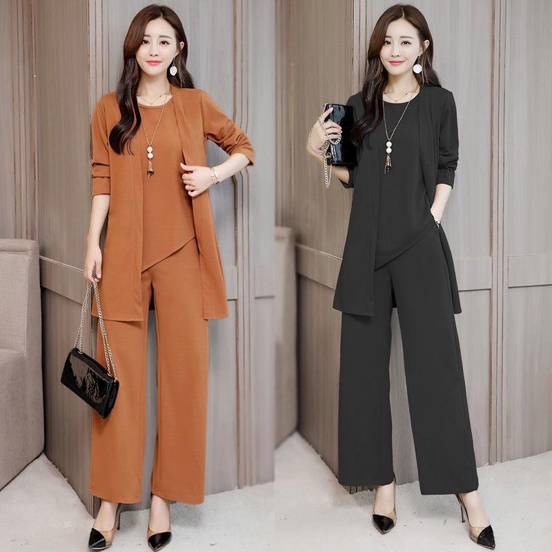 One Set 3Pcs Setelan Wanita Longgar Kasual Katun Jaket Mantel Lengan Panjang + Rompi + Celana Wide Leg Stelan