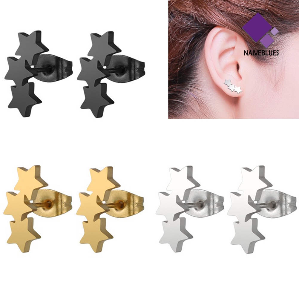 Anting Stud Tindik Bentuk Triple Star Bahan Steel Untuk Wanita