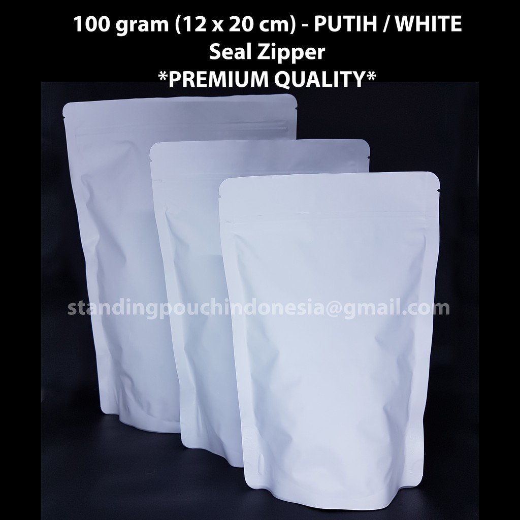 

Kemasan Kopi Standing Pouch 100g (50PCS) (VALVE + ZIPPER) PUTIH WHITE *PREMIUM*