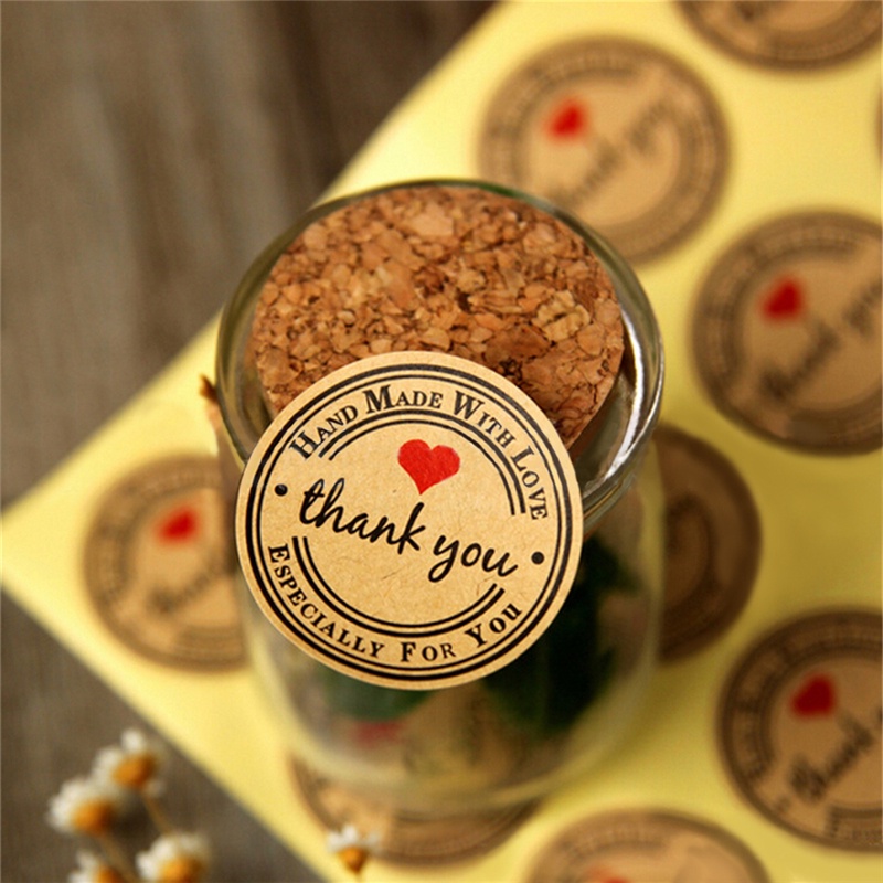 12 / 60 / 120pcs / set Stiker Label Kertas Kraft Tulisan Handmade with Love Thank You 38mm