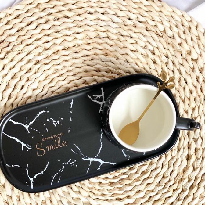 GRACE & SMILE MUG WITH TRAY SET GELAS CANGKIR CANTIK MEWAH KOPI TEH KE - Hitam