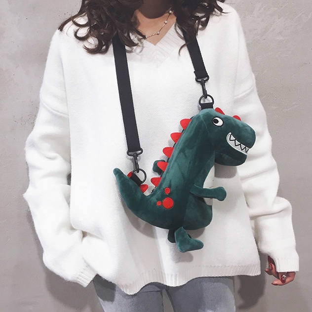 Tas Wanita Model Dinosaurus Cool Green Bahan Plush Sling Bag Import