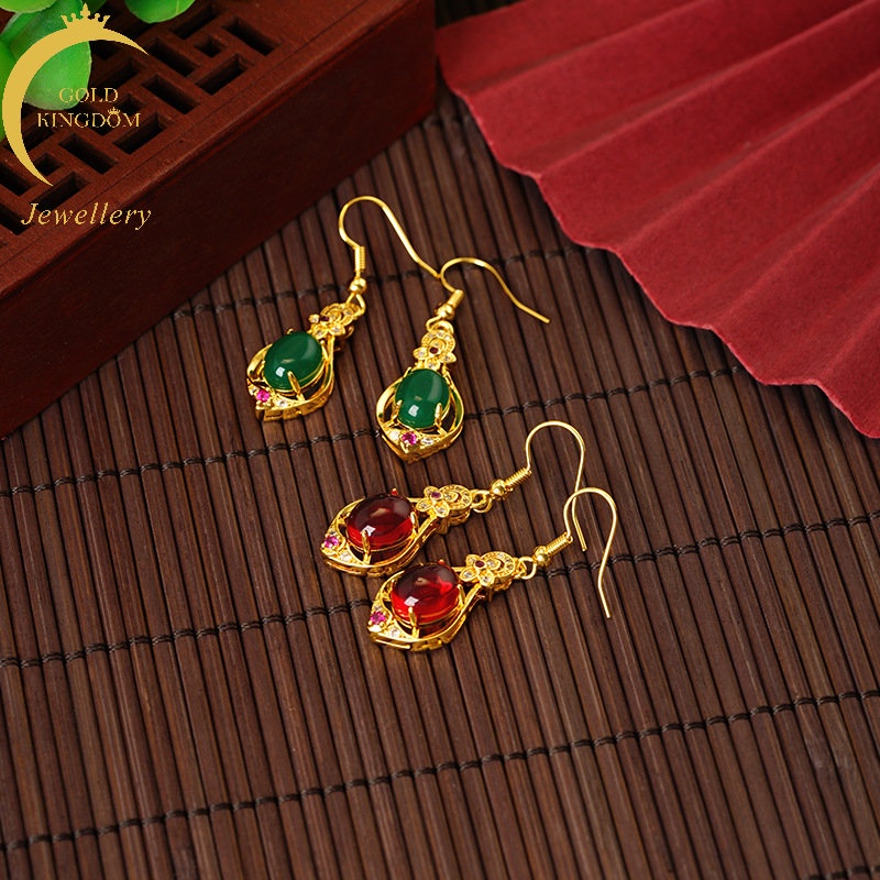 Goldkingdom Perhiasan Fashion 24K Bangkok Aksesoris Ready Stock Lapis Emas Asli Kadar 375 Panjang Rumbai Micro Set Emerald Ruby Elegan Drop Earrings Untuk Wanita