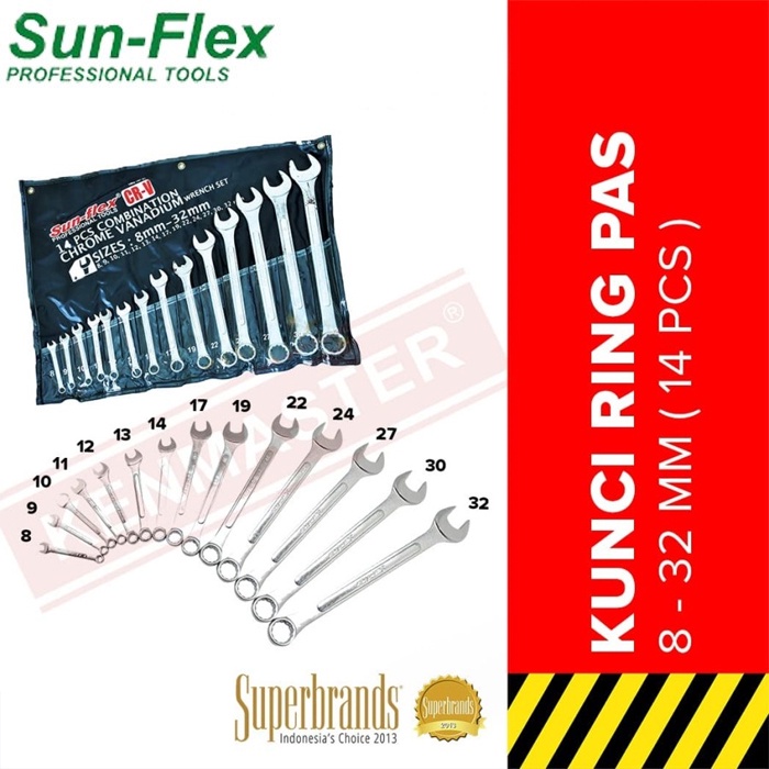 Kunci Ring Pas Set (14 pcs) Sun-flex 8 mm - 32 mm CR-V