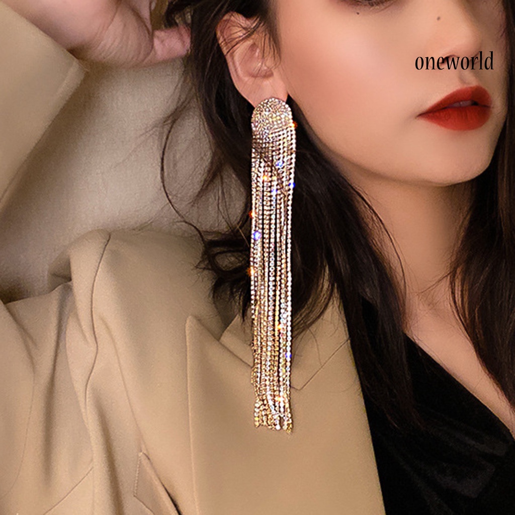 OW# Long Full Rhinestone Tassel Earrings Alloy Shiny Women Dangle Earrings Jewelry Accessories