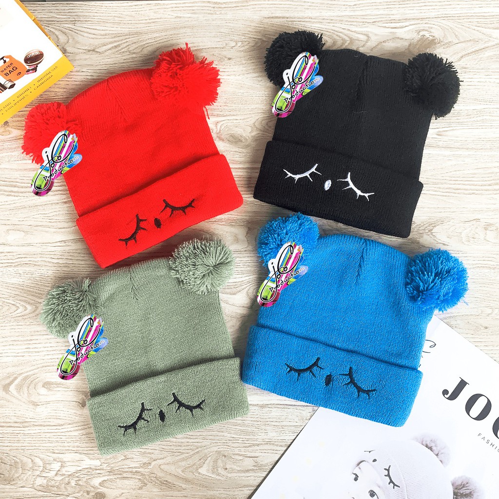 TOPI BAYI RAJUT POMPOM BORDIR MATA BEST QUALITY KUPLUK ANAK