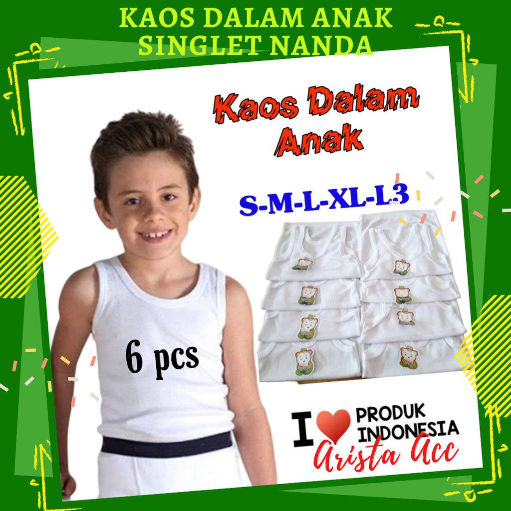 6pcs KAOS DALAM ANAK / SINGLET ANAK PUTIH USIA PAUD-TK-SD-SMP Size S M L XL L3