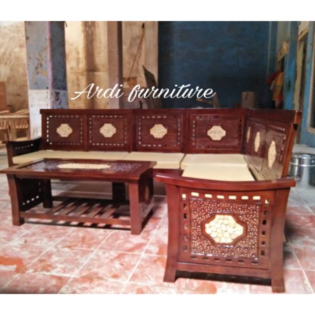 Meja kursi tamu sudut plus matras jati ukir jepara