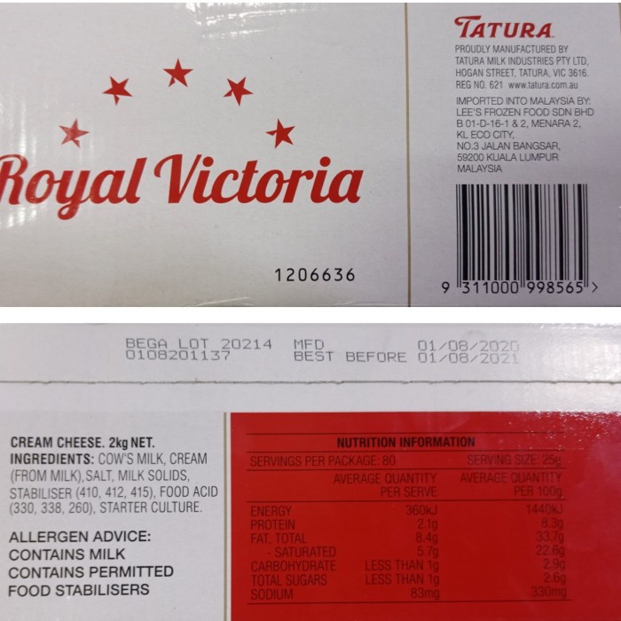 

Keju- Tatura Royal Victoria Cream Cheese 2Kg -Keju.