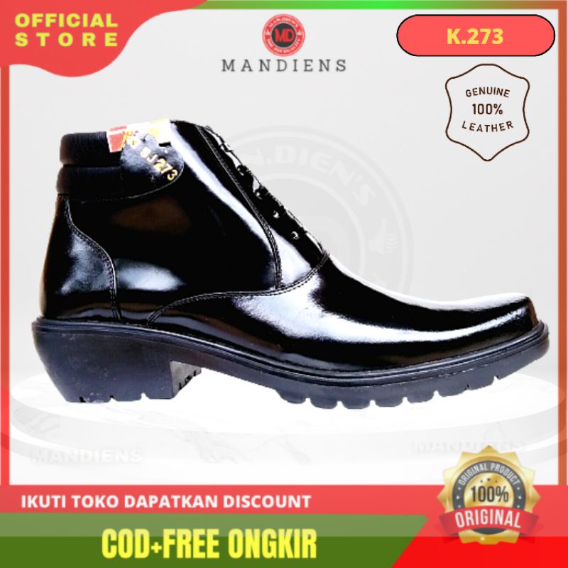 MANDIENS Sepatu PDH Ceko Kulit Pria Original Medali K273 Sol Karet Tebal Jenggel Gaya Koboi Murah Berkualitas Premium Terbaik Banded Model Pantofel Boot Hitam Kilap Tanpa Semir Resleting Samping